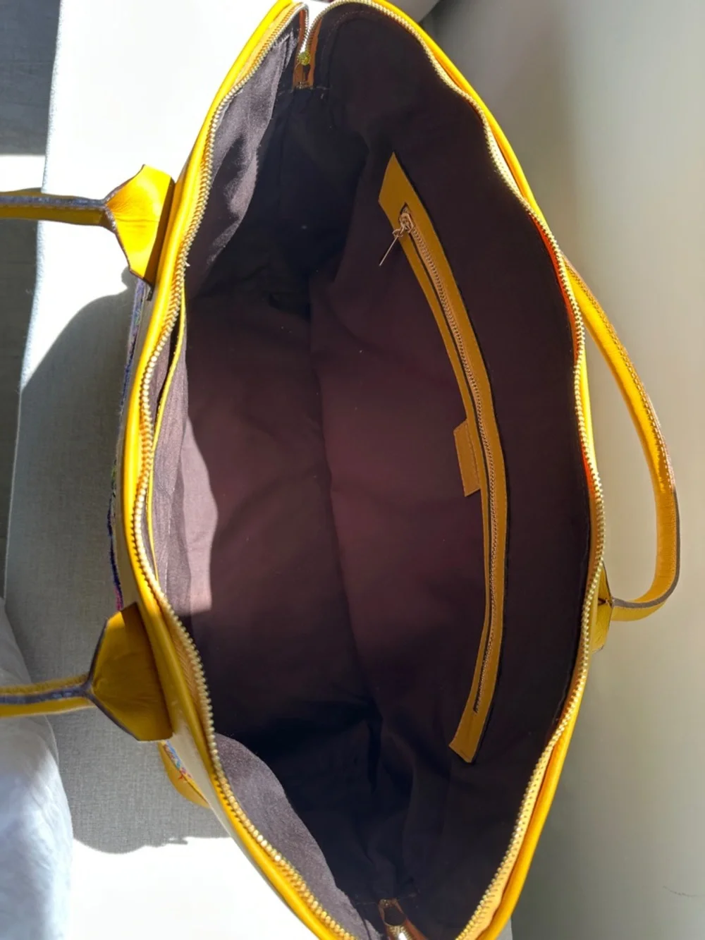 Guatemalan  leather and Embroidered Travel Tote Bag with Multicolor Panel - Picture 8 of 17